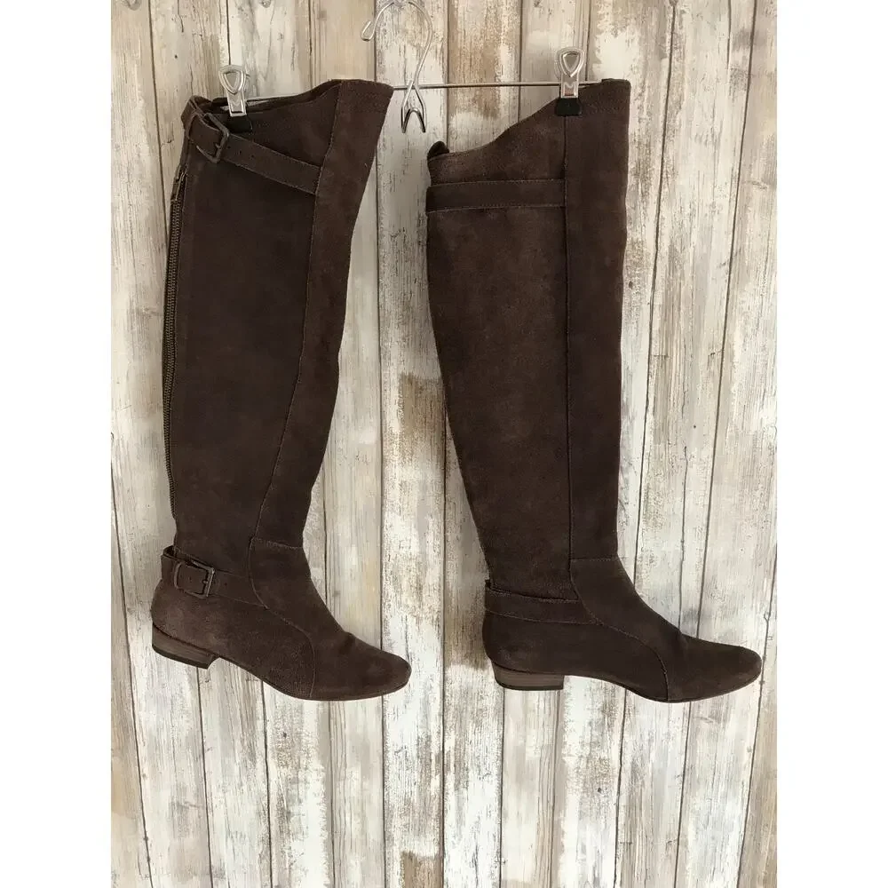 JOIE Many Roads Over The Knee Brown Suede Flat Boots Buckle Zipper 37 6.5
